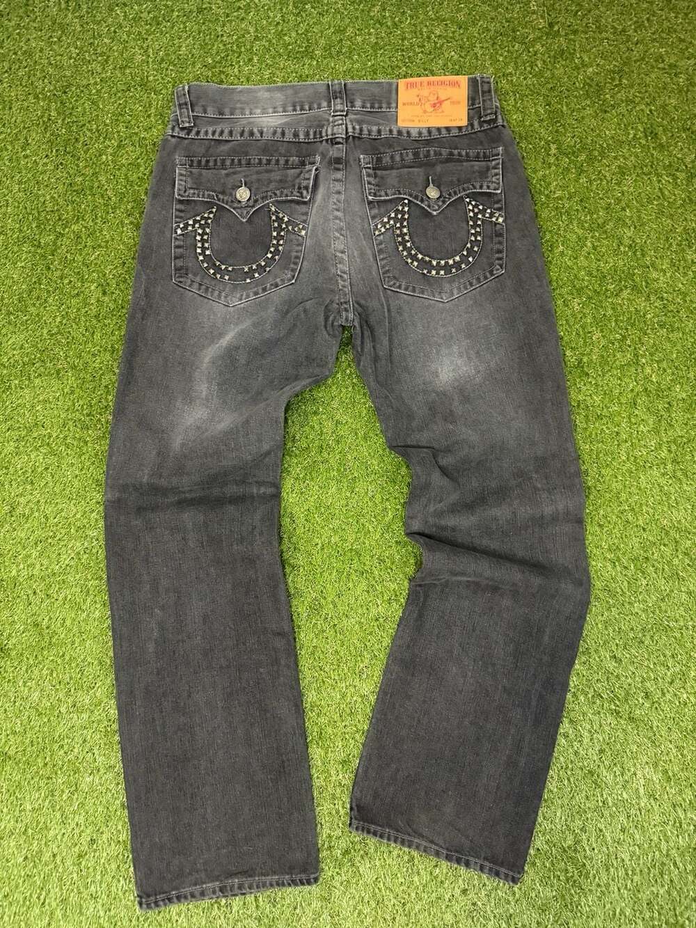 True Religion Billy Straight Leg Black Washed Studded Logo Jeans Made in USA